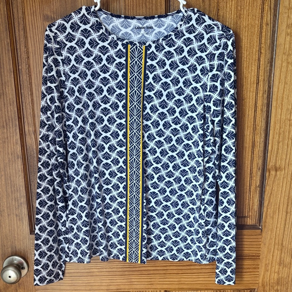 Lands' End Navy and White Geometric Long Sleeve Sun Rash Guard Top